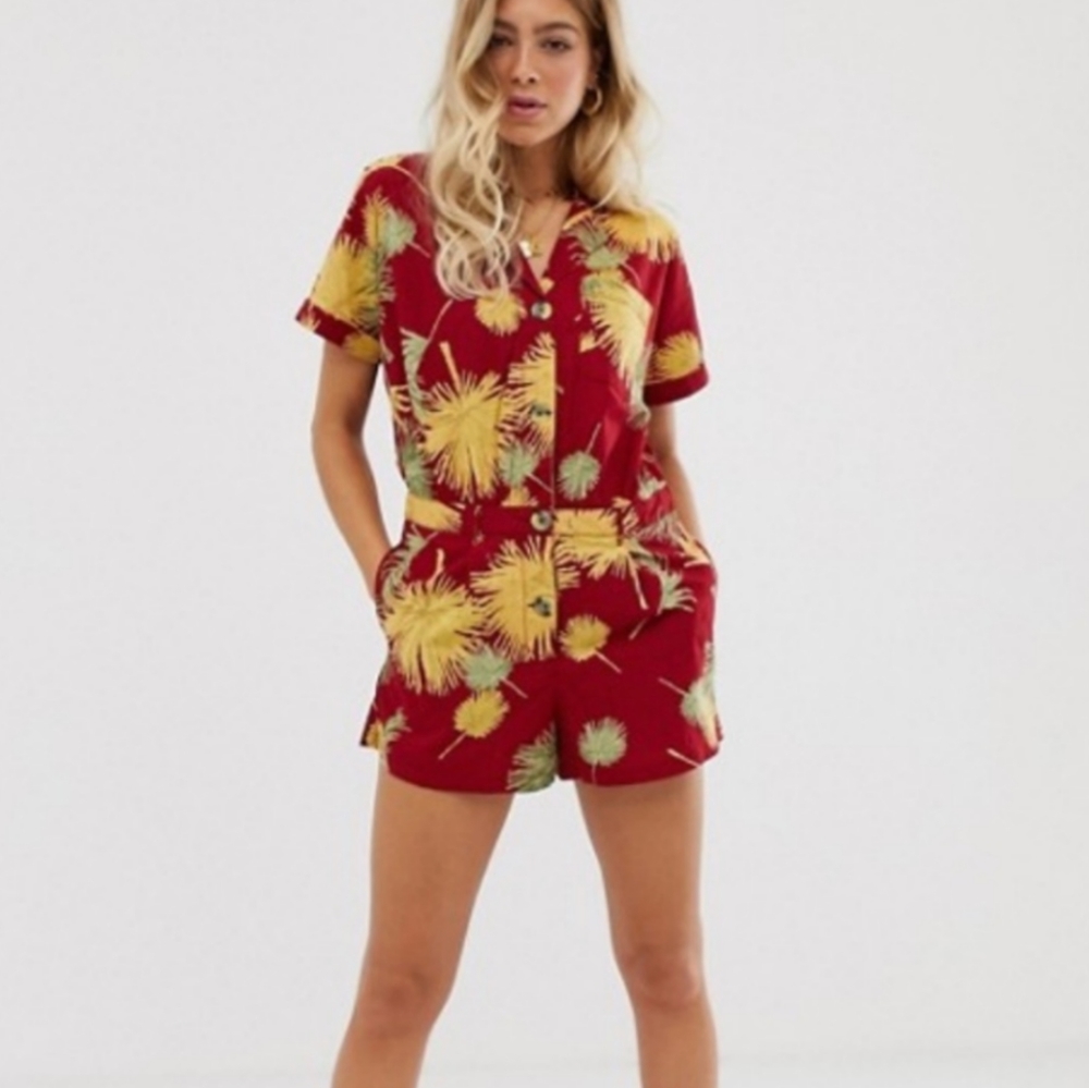 Free People Malibu Tropical Safari Floral Romper XS Oversized Boxy